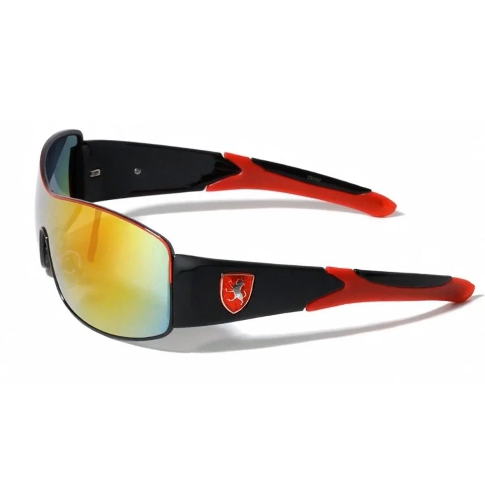 Mens Sport Wrap Sunglasses Black‎ Red Shield Red Mirror Lens Fashion Performance